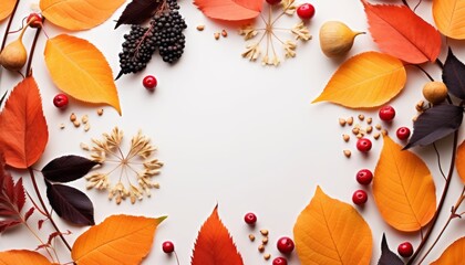Autumn wreath made of leaves, berries, mockup flat lay with copy space.Weeding and party invitation
