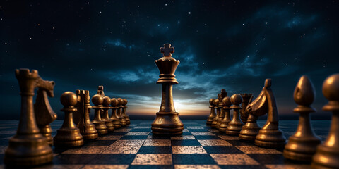 Chess pieces on chessboard with city background
Cityscape with chess pieces on chessboard
Chess set on chessboard against city backdrop AI Generated - obrazy, fototapety, plakaty
