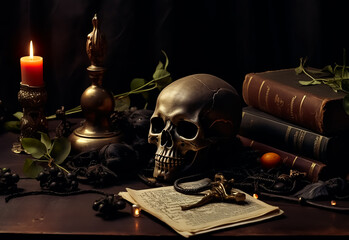 Mysterious still life Voodoo Black magic with burning candles, skull, grimoire book and tarot cards on witch table. Esoteric, gothic and occult background, Halloween mystic concept.