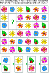 Picture domino sudoku puzzle with flowers, fresh green leaves and ladybugs
