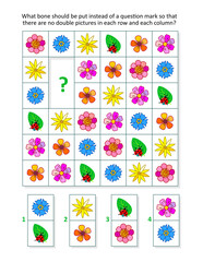 Fototapeta na wymiar Picture domino sudoku puzzle with flowers, fresh green leaves and ladybugs 