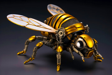 Fighting robot bee in armor, illustration. Animal of the future, clones of the inhabitants of the earth, fantastic concept. 3D illustration of a metal bee on a black background. Generative AI.