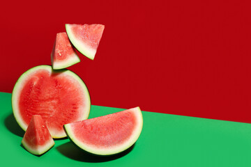Pieces of fresh watermelon with half on colorful background