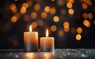 Romantic golden candles on table with blurred sparkling bokeh background. Christmas lights