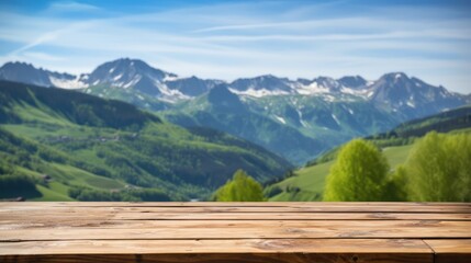 Wood table top on blur hill mountain a sunrise nature background, landscape with desk plank can be used for display your products. Generative Ai.