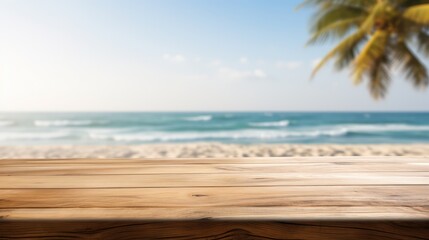 Fototapeta premium Wooden desk of free space for your decoration and summer landscape of beach. Generative Ai.
