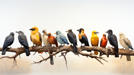 Group of birds sitting on a branch isolated on a white background. Generative AI.
