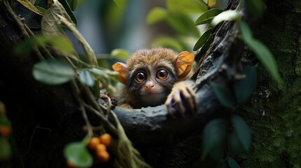 Little cute tarsier monkey in the tree, close up portrait. Generative AI.