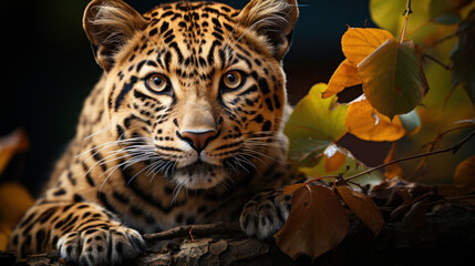 Close up portrait of a leopard in the autumn forest. Wild animals. Generative AI.