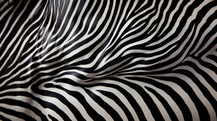 Zebra skin texture background, black and white stripes on the fabric. Generative AI.