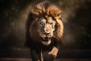Naklejka premium An angry lion with an open mouth. expression of anger. Portrait of a big male lion with open mouth on a dark background. Generative AI technology