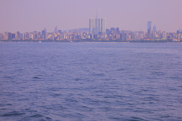 Panorama silhouette Istanbul city buildings from water Bosphorus, a public place	
