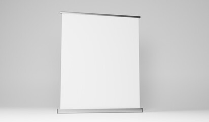Blank roll up banner stand mockup isolated on white background, 3D rendering