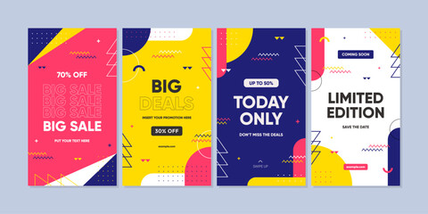 Abstract Colorful Memphis Square Background. Trendy geometric abstract square template for social media post, stories, or advertisement.