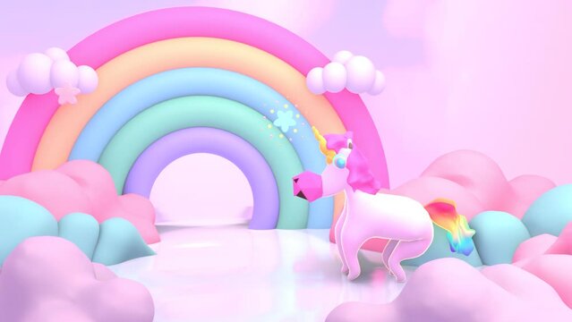 Looped cartoon rainbow land with unicorn animation.