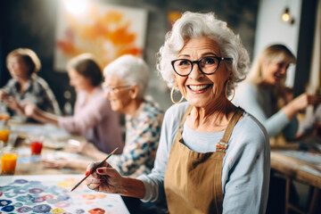 Senior lady artist enjoying painting activity in studio with her friends , Created with Generative Ai Technology