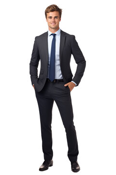 Businessman man wearing a suit standing up isolated on transparent background (PNG)