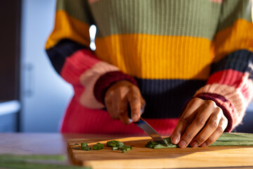 Midsection of african american woman preparing meal chopping spring onions in kitchen