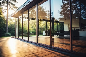 Luxury modern home showcase exterior patio behind glass near a window , Created with Generative Ai Technology