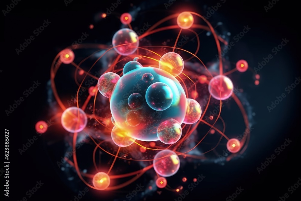Wall mural atomic nucleus electrons neutrons protons. model shows that an atom is mostly empty space, with elec
