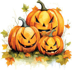 Watercolor pumpkin composition, leaves pumpkin, Halloween clip art, autumn design elements. Vector illustration. GenerativeAI.