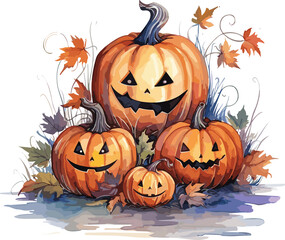 Watercolor pumpkin composition, leaves pumpkin, Halloween clip art, autumn design elements. Vector illustration. GenerativeAI.