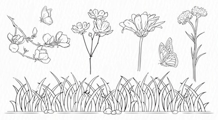 Garden with flowers, grass and butterfly line drawing clipart 