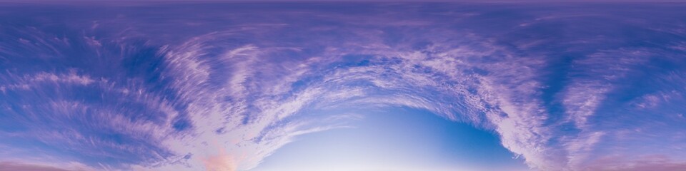Sunset sky panorama with dramatic bright glowing pink Cirrus clouds. HDR 360 seamless spherical panorama. Full zenith or sky dome for 3D visualization, sky replacement for aerial drone panoramas.