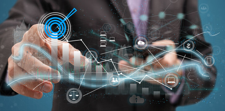 Diagram of digital marketing media (website ad, email, social network, SEO, video, mobile app) and icon.businessman hand working with modern technology and digital layer effect.
