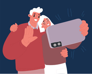 Vector illustration of Couple selfie. Romantic self portrait, young friends taking selfie photo at smartphone. Smiling people using phone