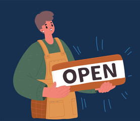 Vector illustration of Cheerful small business owners standing welcoming wiht open banner