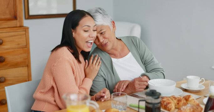 Senior mom, woman and breakfast at table, hug and chat with nutrition, comic joke and bonding in morning. Happy family house, mother and daughter with conversation, love and diet with smile together