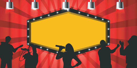 vector silhouettes of several singers singing above performance stage and red curtain and decorative lights for event