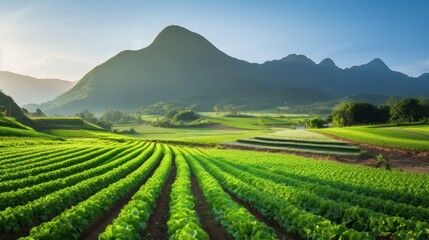 Agricultural industry. Growing salad lettuce on field. Generative Ai.
