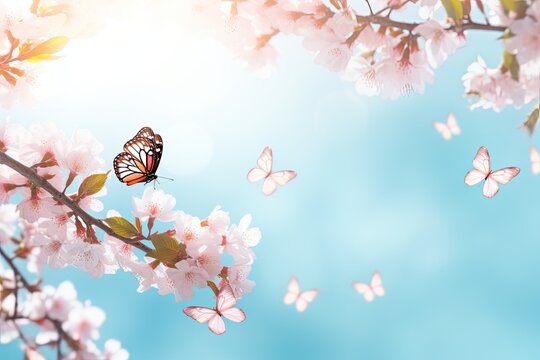 Frame of branches of blossoming cherry against background cool color design © Bot