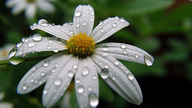 Chamomile daisy flower with water drops on white petals after rain on green blurry background. Generative AI