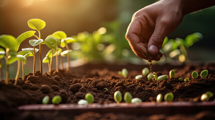 Planting the Seeds of Growth: Hand Growing Vegetable Seeds on Sowing Soil in a Garden
