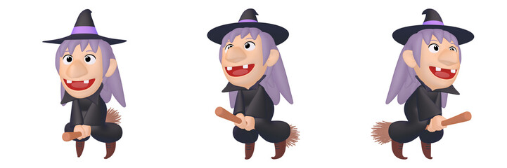 ハロウィンのイラスト素材　箒に乗った空飛ぶ魔女（1_1 3 4）　カット三点セット