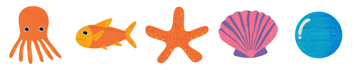 A set of Things in the Summertime at the Sea cartoon theme PNG transparent background, element illustration © natthanan