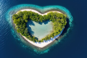 Fototapeta premium Tropical island in the shape of heart. Aerial view. 3D illustration. Generative Ai.