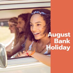 August bank holiday text on orange with diverse friends in camper van on sunny day