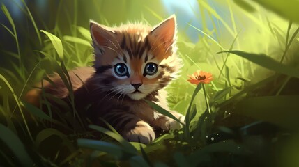 a small kitten sitting in green grass in the woods illustration.