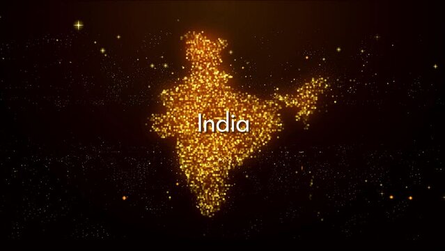 Abstract Motion Reveal Golden Orange Glowing Shiny Blurry Focus Stary Sparks Dots Mosaic Particles India Map w.o. Label Text