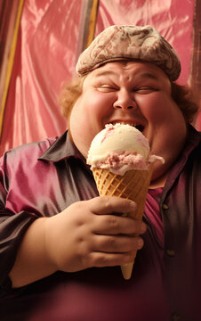 A fat, ruddy man greedily eats an ice cream cone


