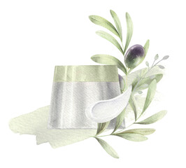 Watercolor cream, cream smear, olive and paper texture. Cosmetic product isolated.
