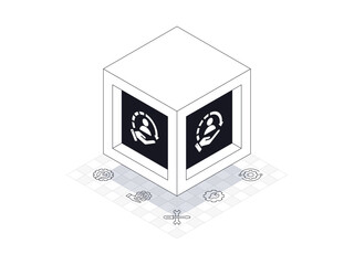Support box illustration in isometric style. Background is support line icons containing technical support, settings.