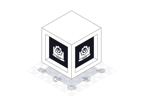 Support box illustration in isometric style. Background is support line icons containing support ticket, support.