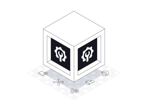 Support box illustration in isometric style. Background is support line icons containing settings, customer support.