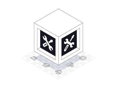 Support box illustration in isometric style. Background is support line icons containing support, hours.