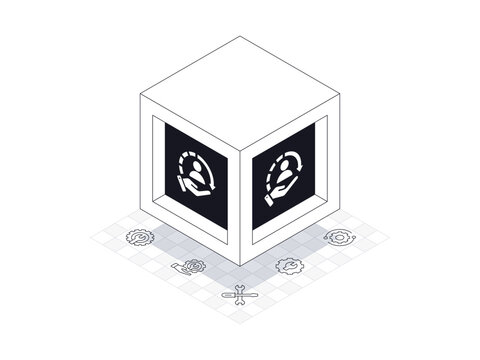 Support box illustration in isometric style. Background is support line icons containing technical support, settings.
